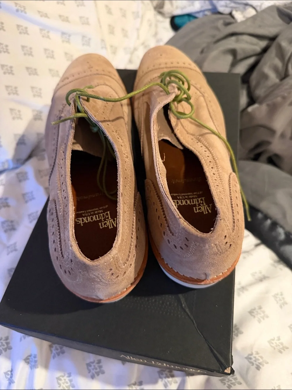 Allen Edmonds Suede Wingtip Oxfords in Tan with Green Laces